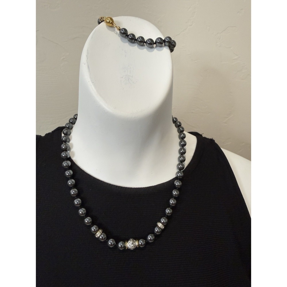 Vintage Hematite Bead Necklace & Matching Bracelet Set Silver Focal Accent